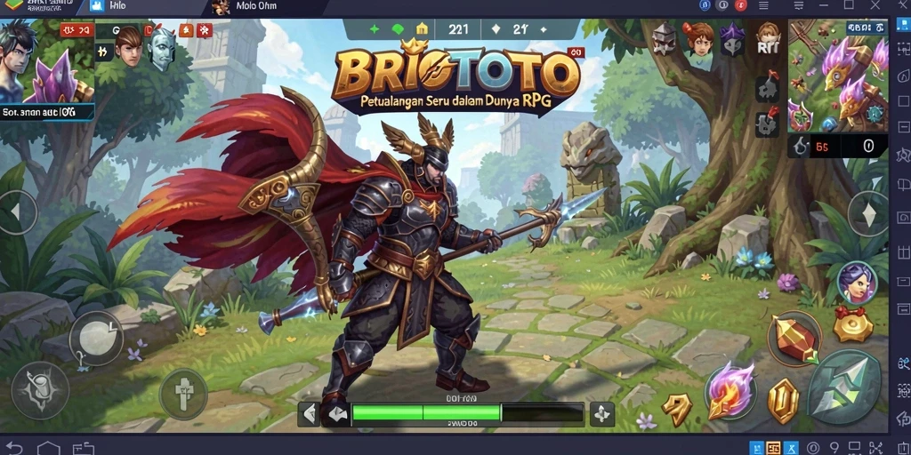 Tangkapan layar gameplay BRIOTOTO dengan karakter heroik dalam aksi RPG.