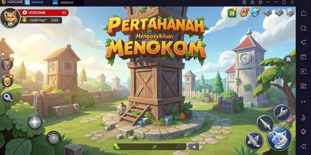 Tangkapan layar HOKIGAME yang menunjukkan aksi pertahanan menara yang intens.