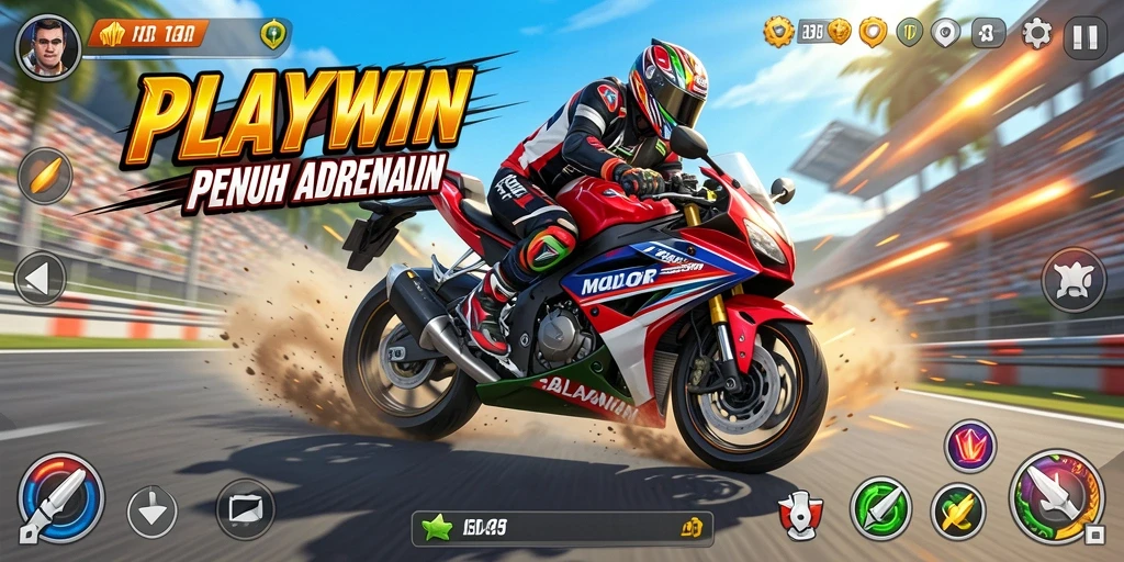 Screenshot utama PLAYWIN menunjukkan aksi balapan motor yang mendebarkan.