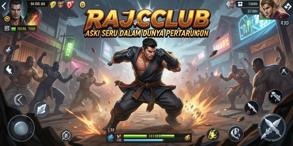 Tangkapan layar utama RAJACLUB menunjukkan aksi pertarungan yang mendebarkan.