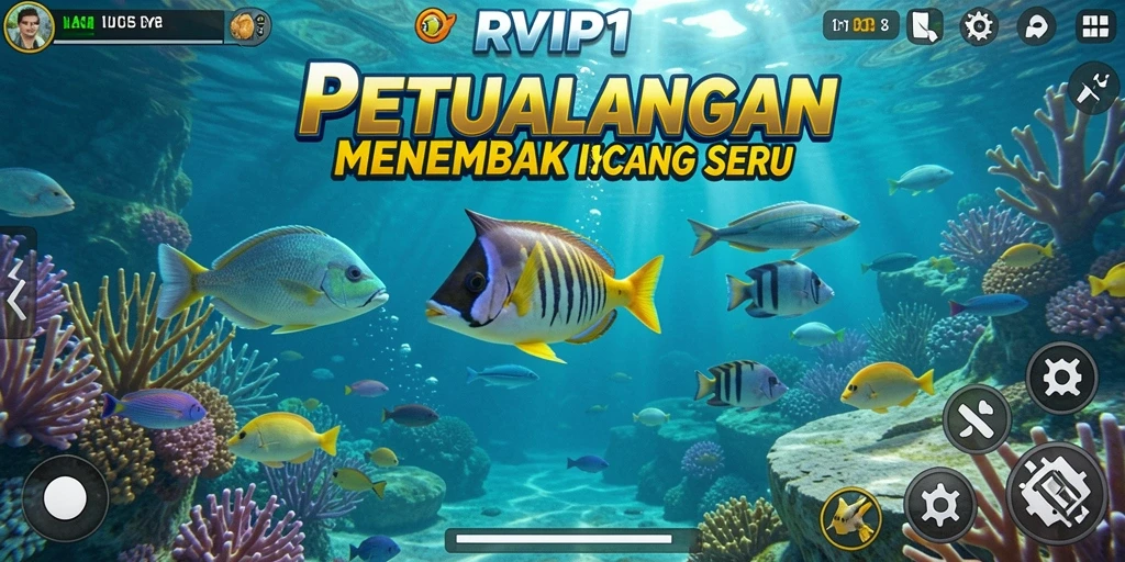 Screenshot permainan RVIP1 menampilkan aksi menembak ikan yang menarik.