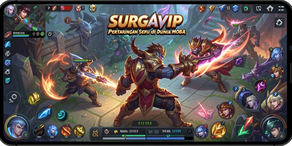 Screenshot gameplay SURGAVIP menunjukkan aksi seru dalam pertandingan MOBA.