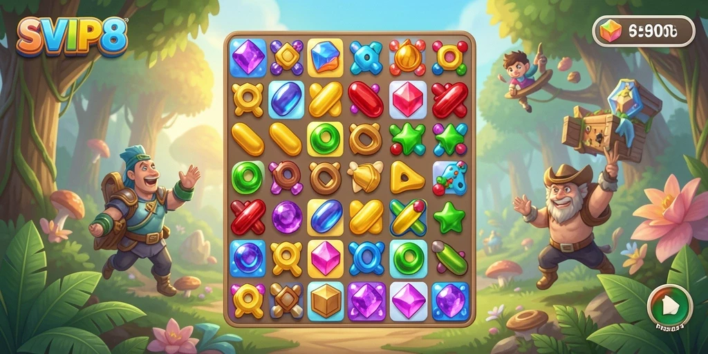 Screenshot gameplay SVIP8 menampilkan aksi seru dalam mencocokkan permata.
