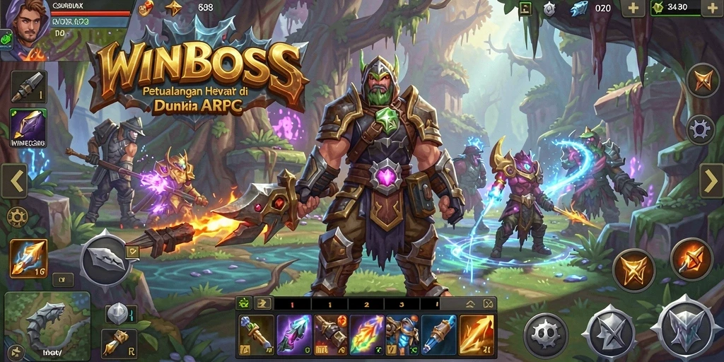 Tangkapan layar gameplay WINBOSS yang menampilkan pertarungan seru di dunia fantasi.