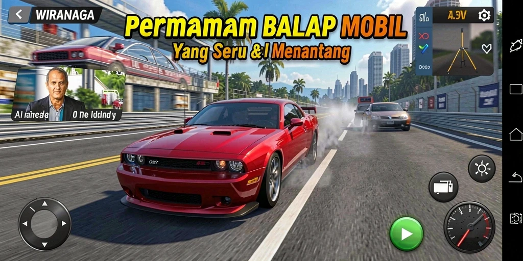 Screenshot gameplay WIRANAGA menampilkan mobil balap di trek menantang.