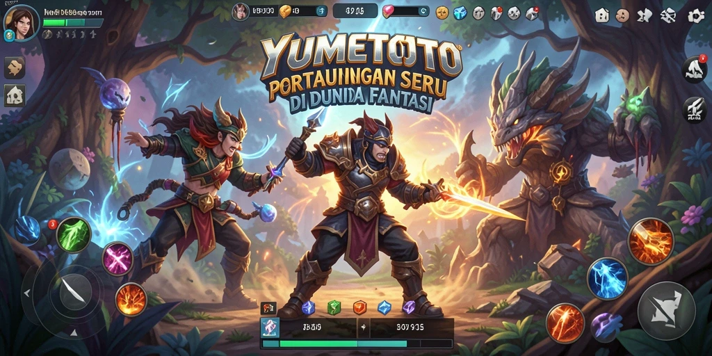 Tampilan gameplay YUMETOTO dengan pertarungan seru di arena.